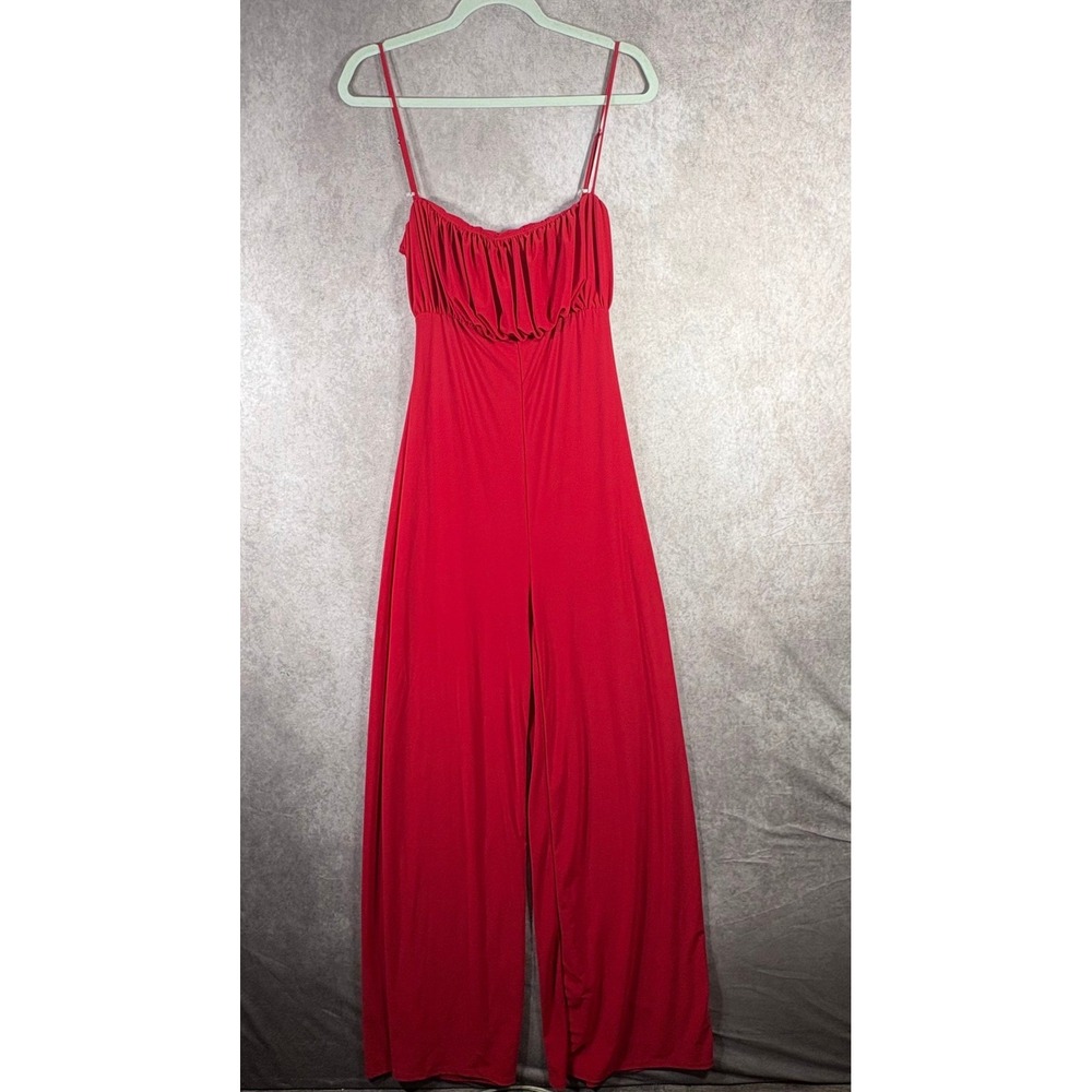 Fashion Nova Jumpsuit Women M Red Wide Leg Ruched Spaghetti Strap Boho Party NEW